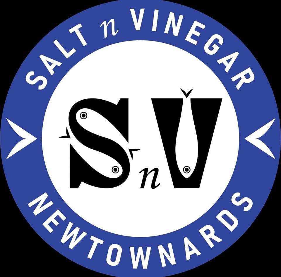 Salt n Vinegar — round blue and white badge with the SnV fish mark